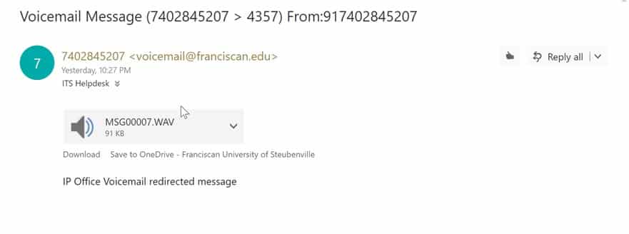 Image displaying an authentic voicemail in email